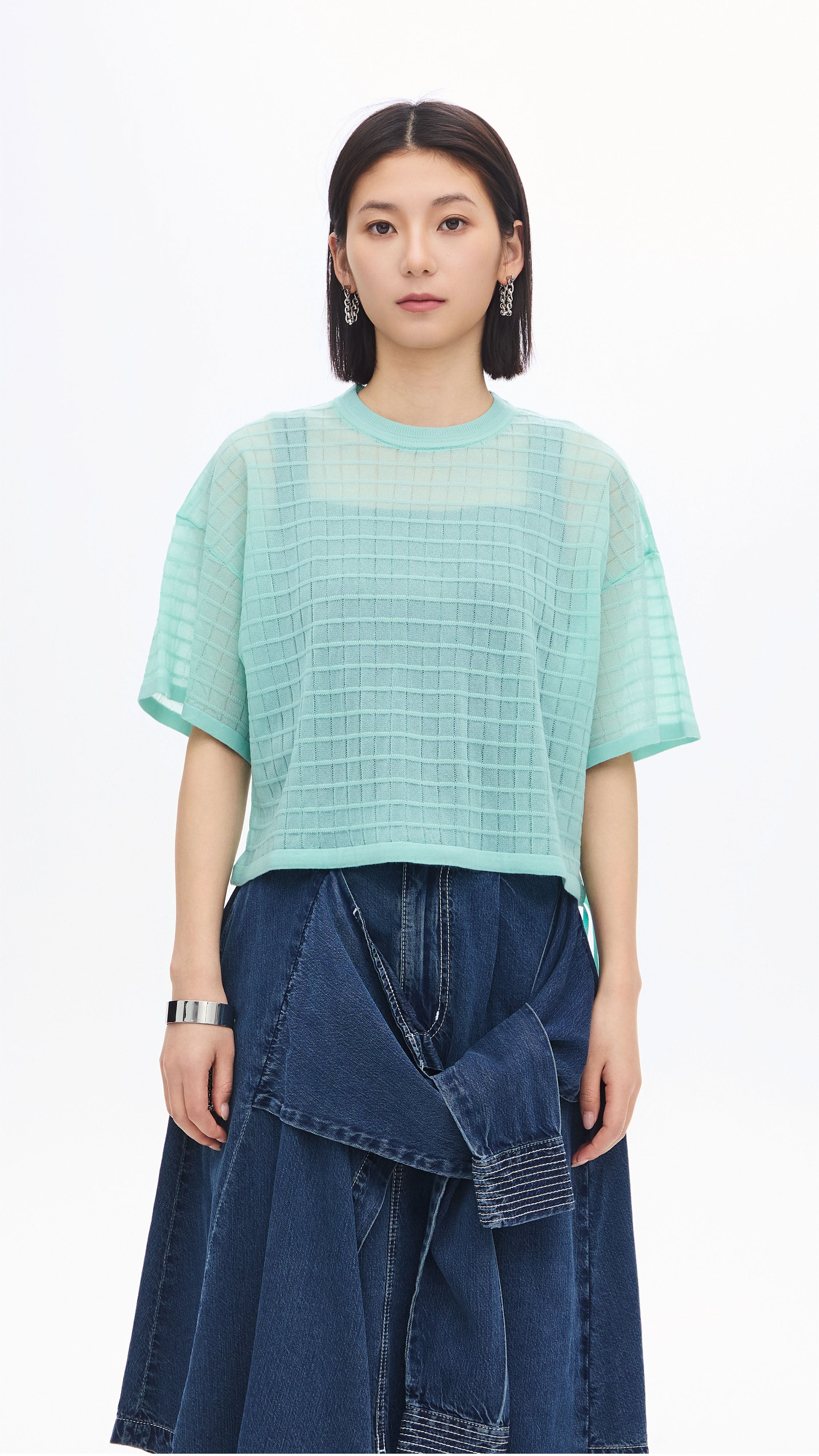 See-through Checker Knit Top
