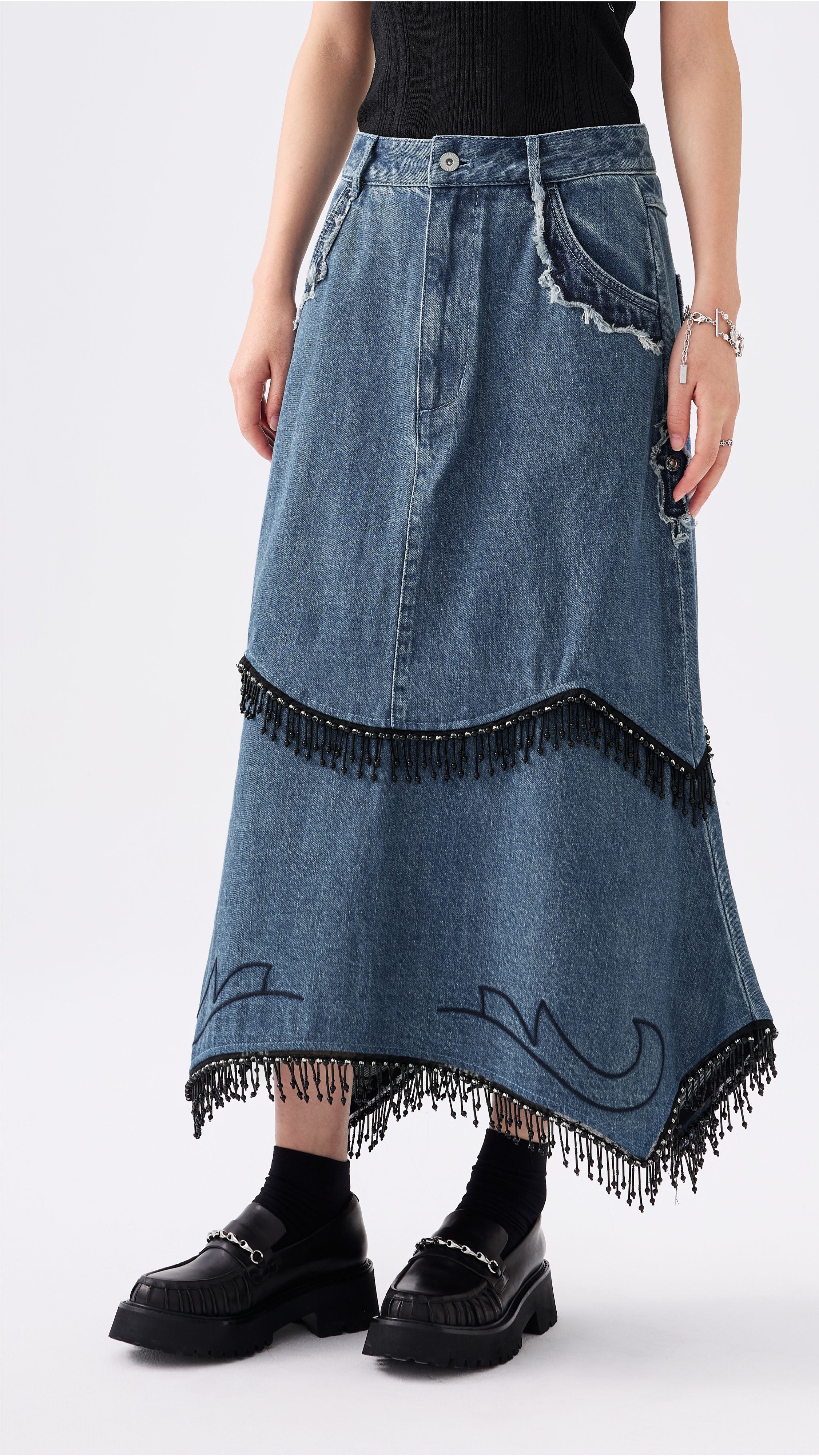Western Patched Denim Fishtail Skirt