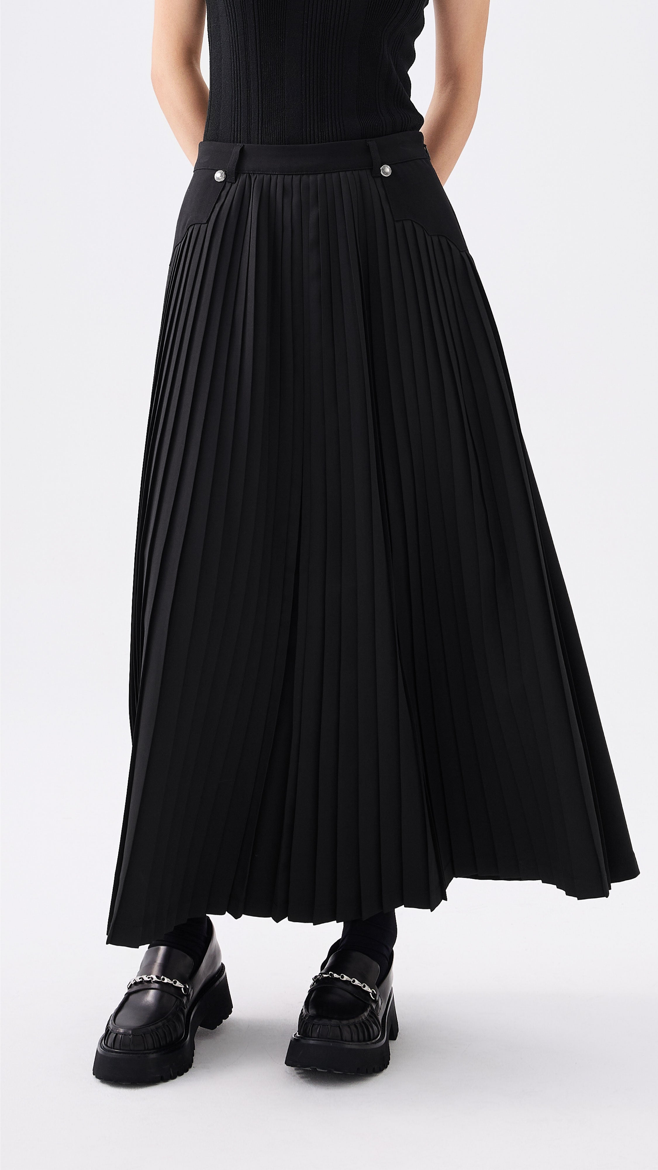 Front Pleated Flare Skirt