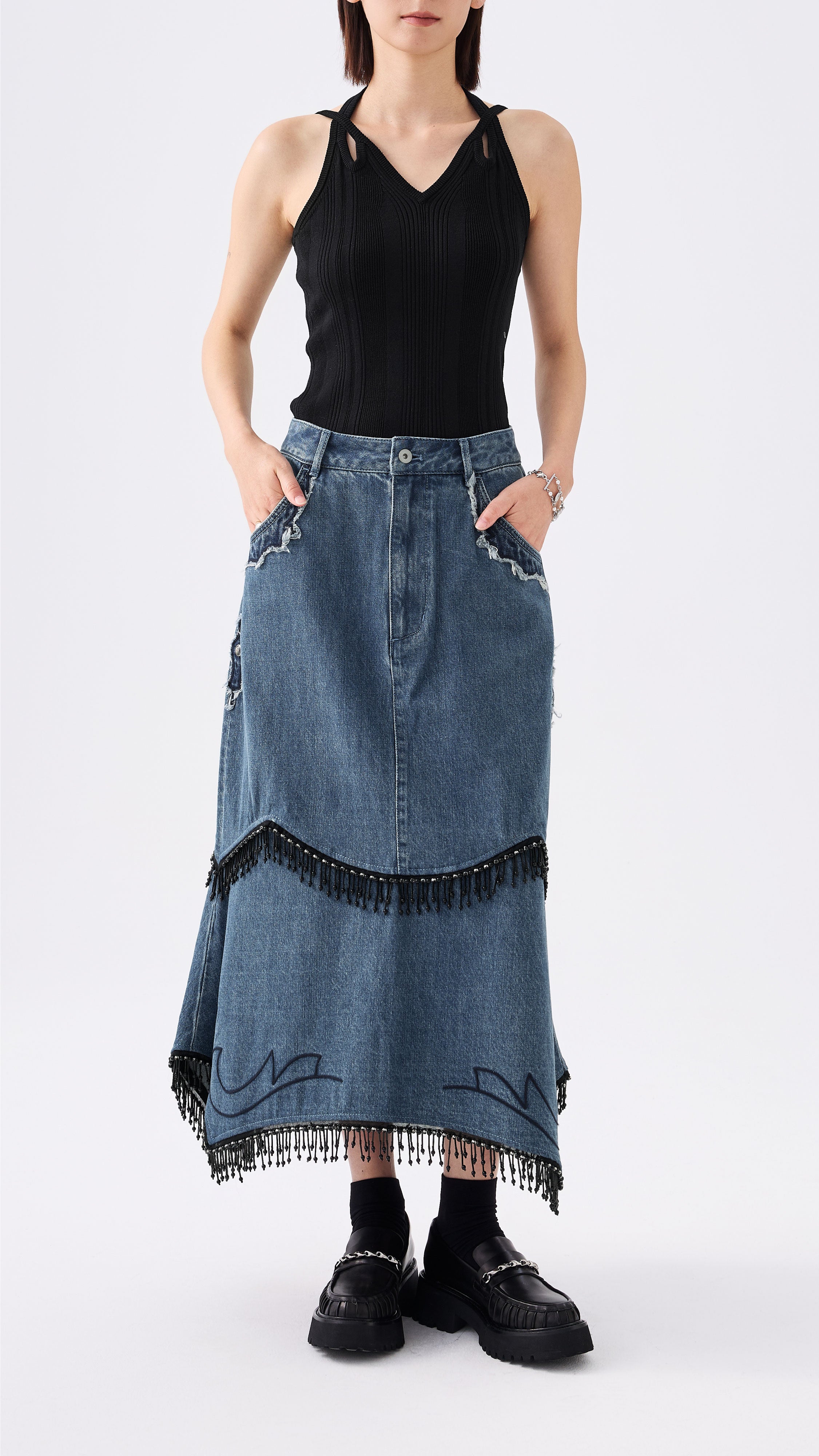 Western Patched Denim Fishtail Skirt