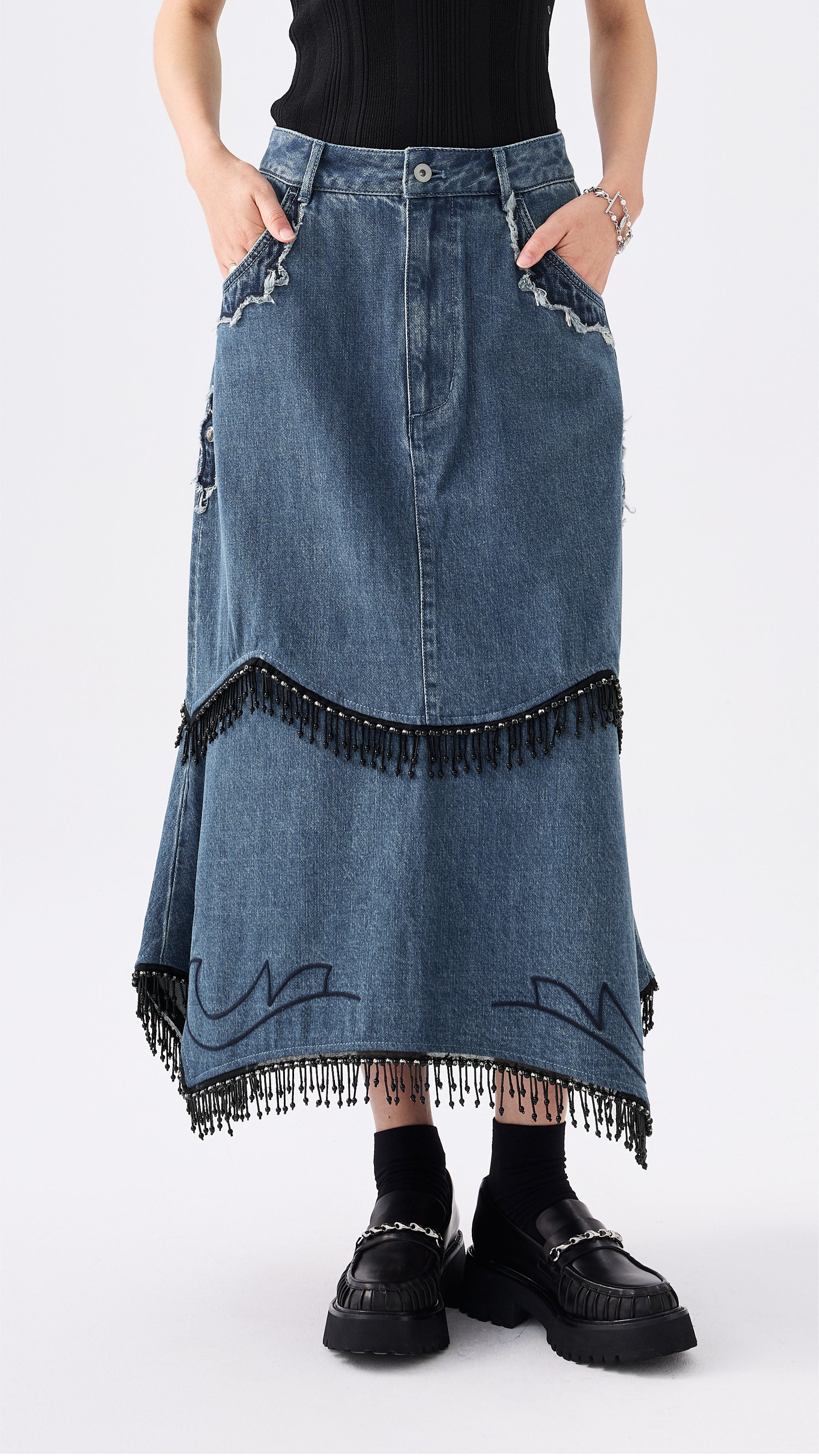 Western Patched Denim Fishtail Skirt