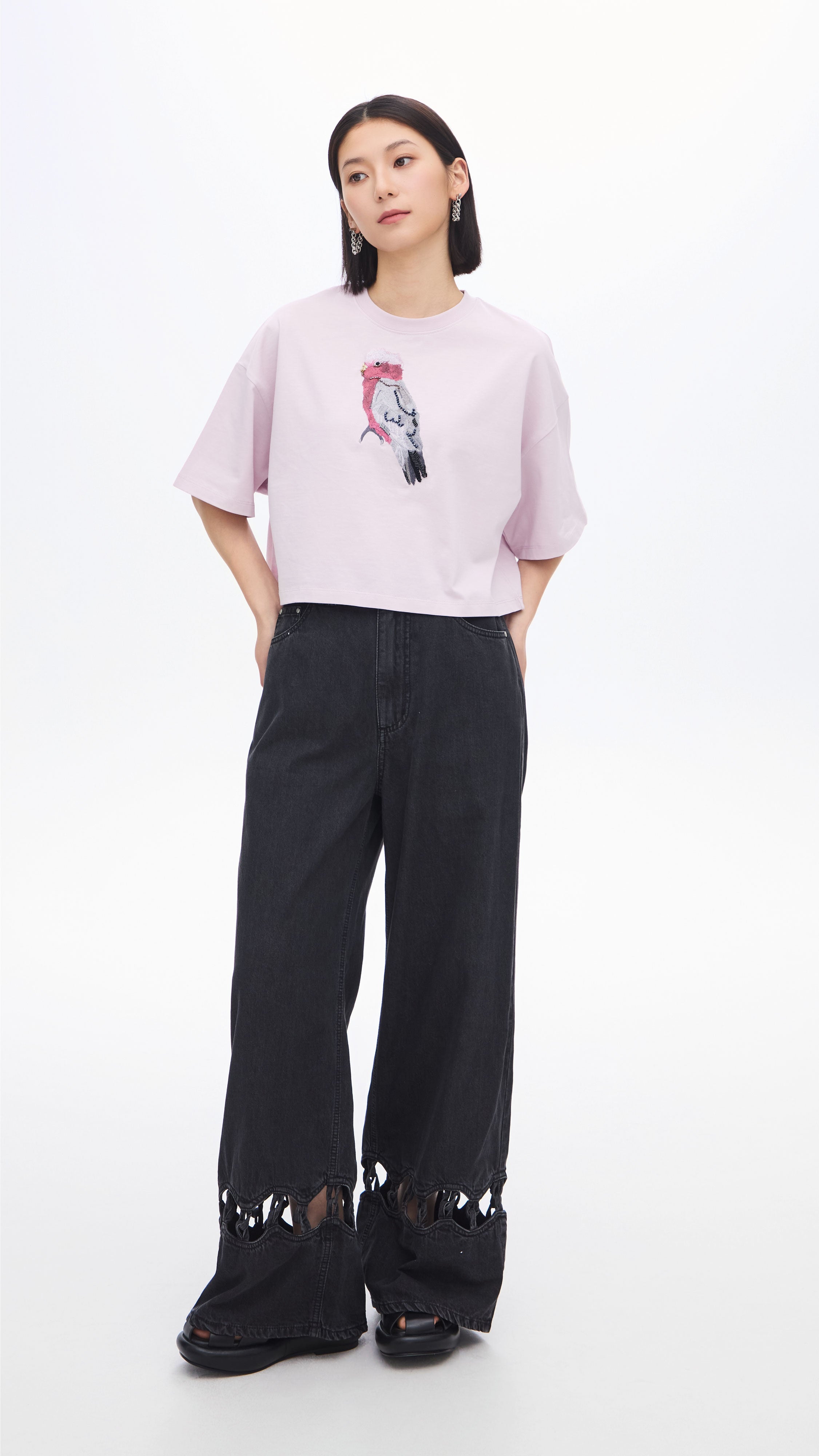 Cropped Parrot Graphic Embroidery Tee