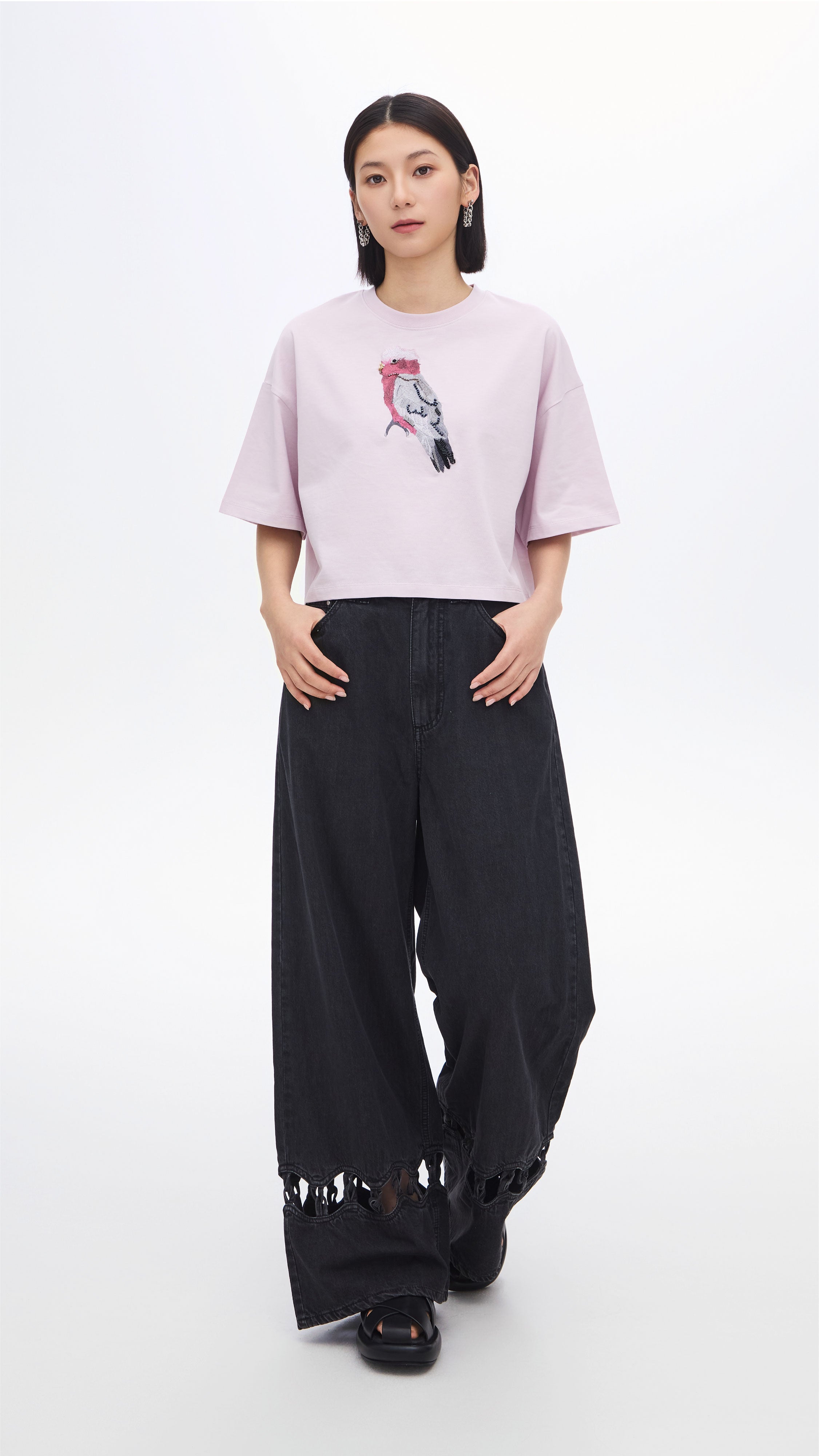 Cropped Parrot Graphic Embroidery Tee